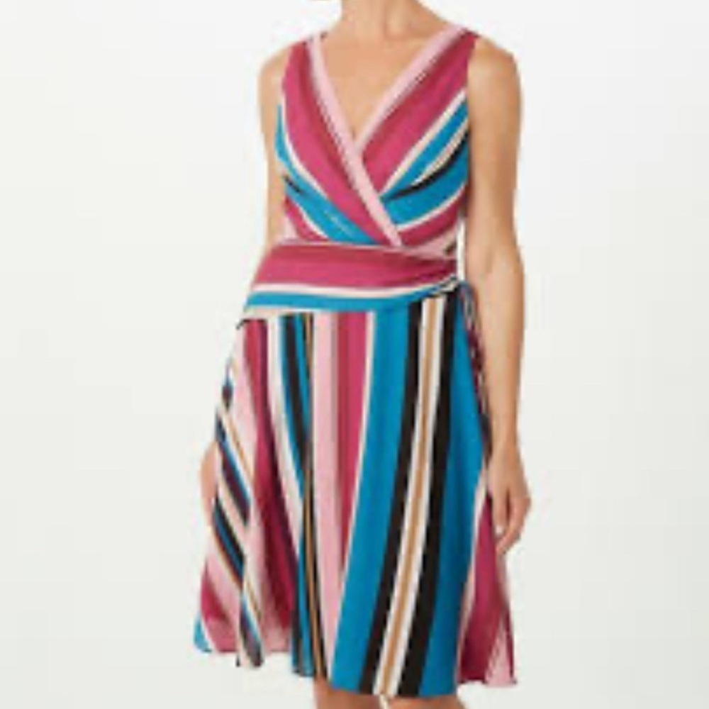 Roz & Ali striped sleeveless surplice fit and flare midi dress